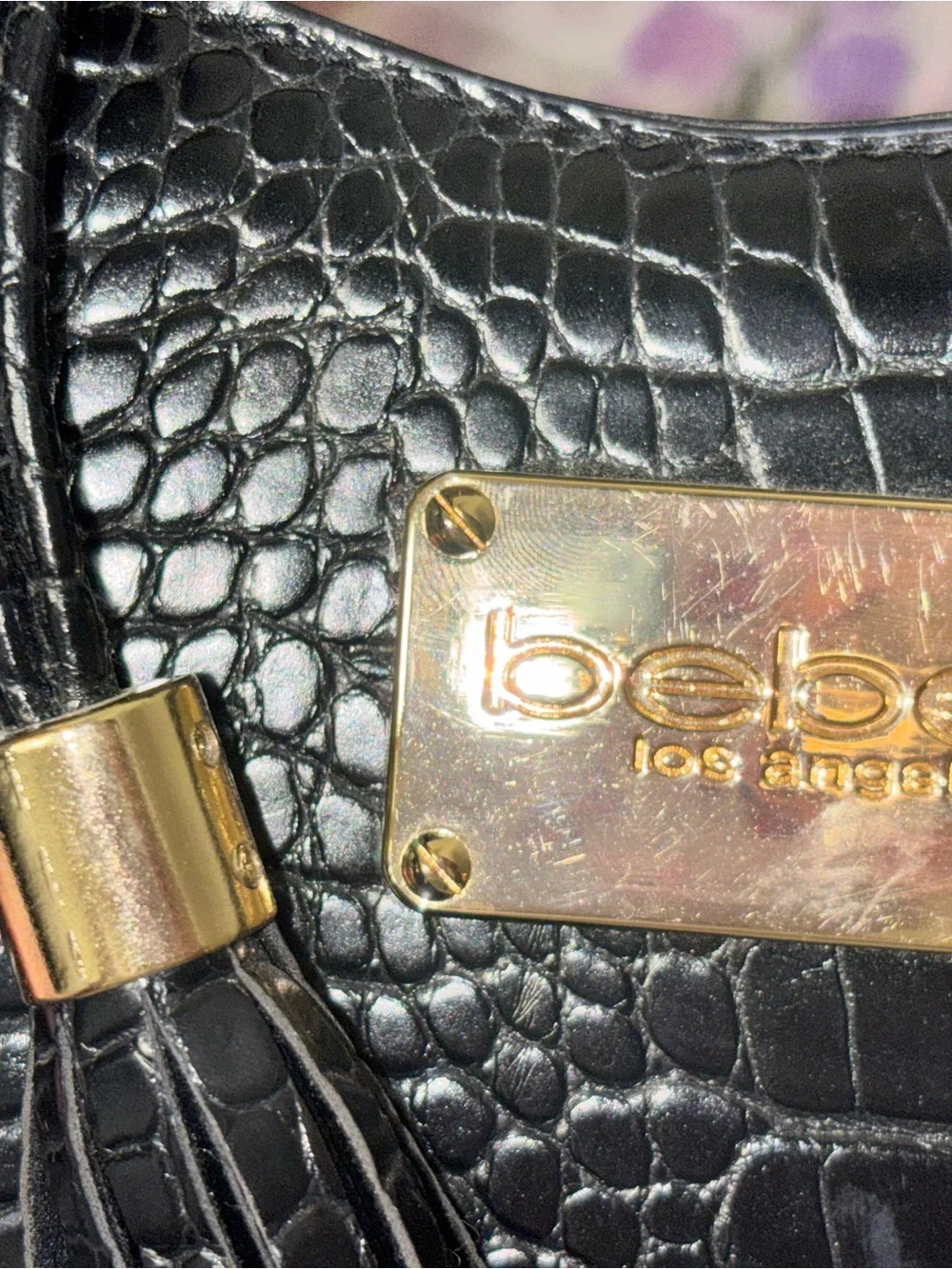 bebe Black Croc-Embossed Satchel with Gold Accents